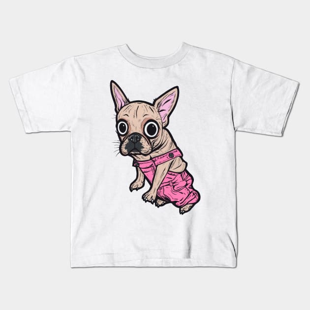 French Bulldog Pink Overalls Kids T-Shirt by turddemon